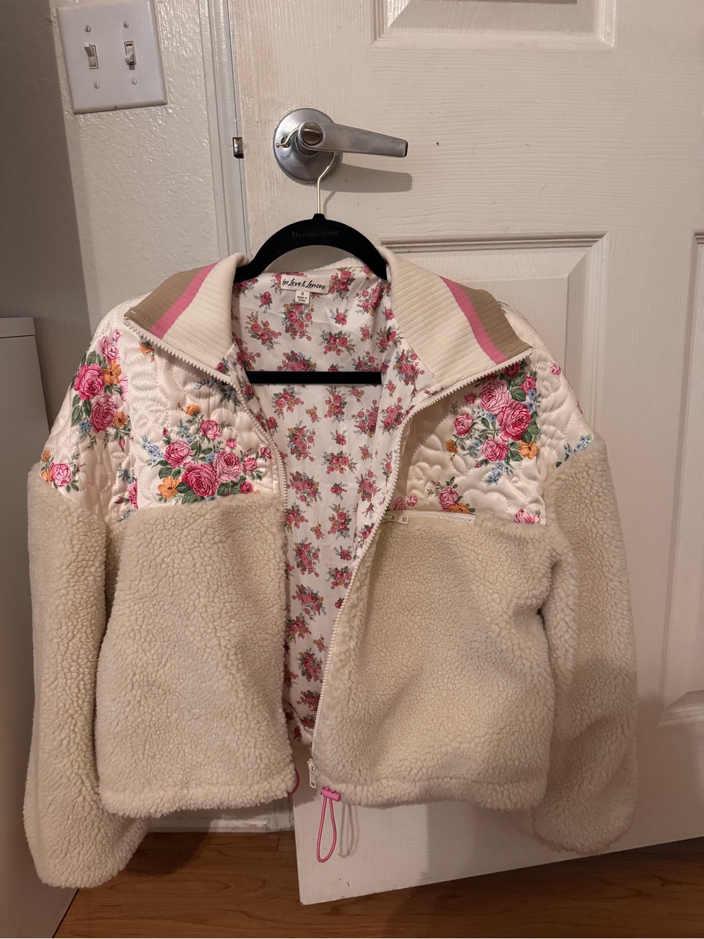 For Love And Lemons Cream Sherpa Jacket with Pink & Green Floral Panels